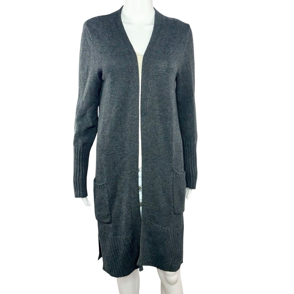 Athleta‎ Cardigan Coat Womens Medium 100% Merino Wool Gray Longline Duster Open - Picture 2 of 6